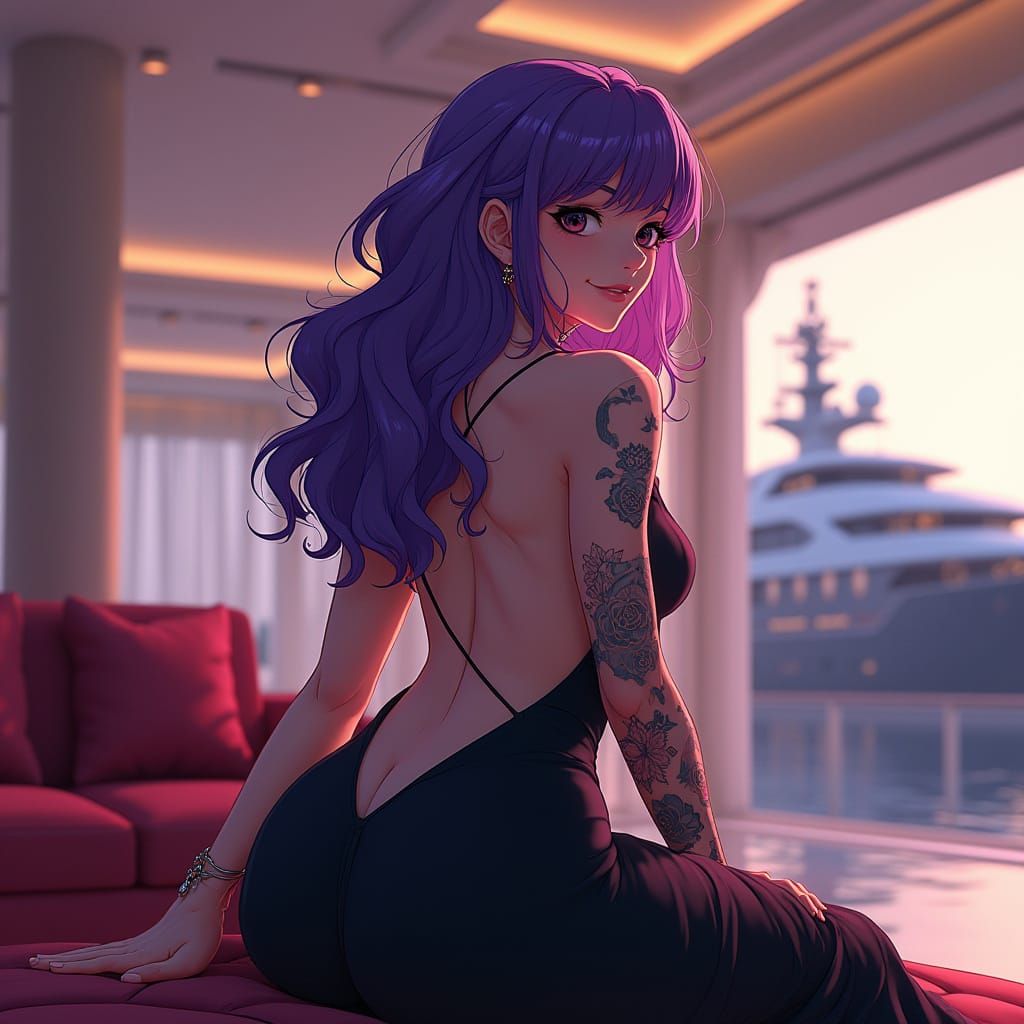 Sultry Anime Woman Poses in Luxury Yacht Setting