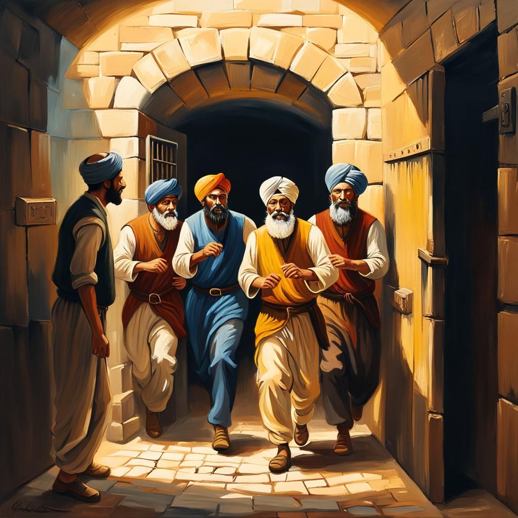 Bearded Men Emerging from a Dimly Lit Prison Cell in a Warm...