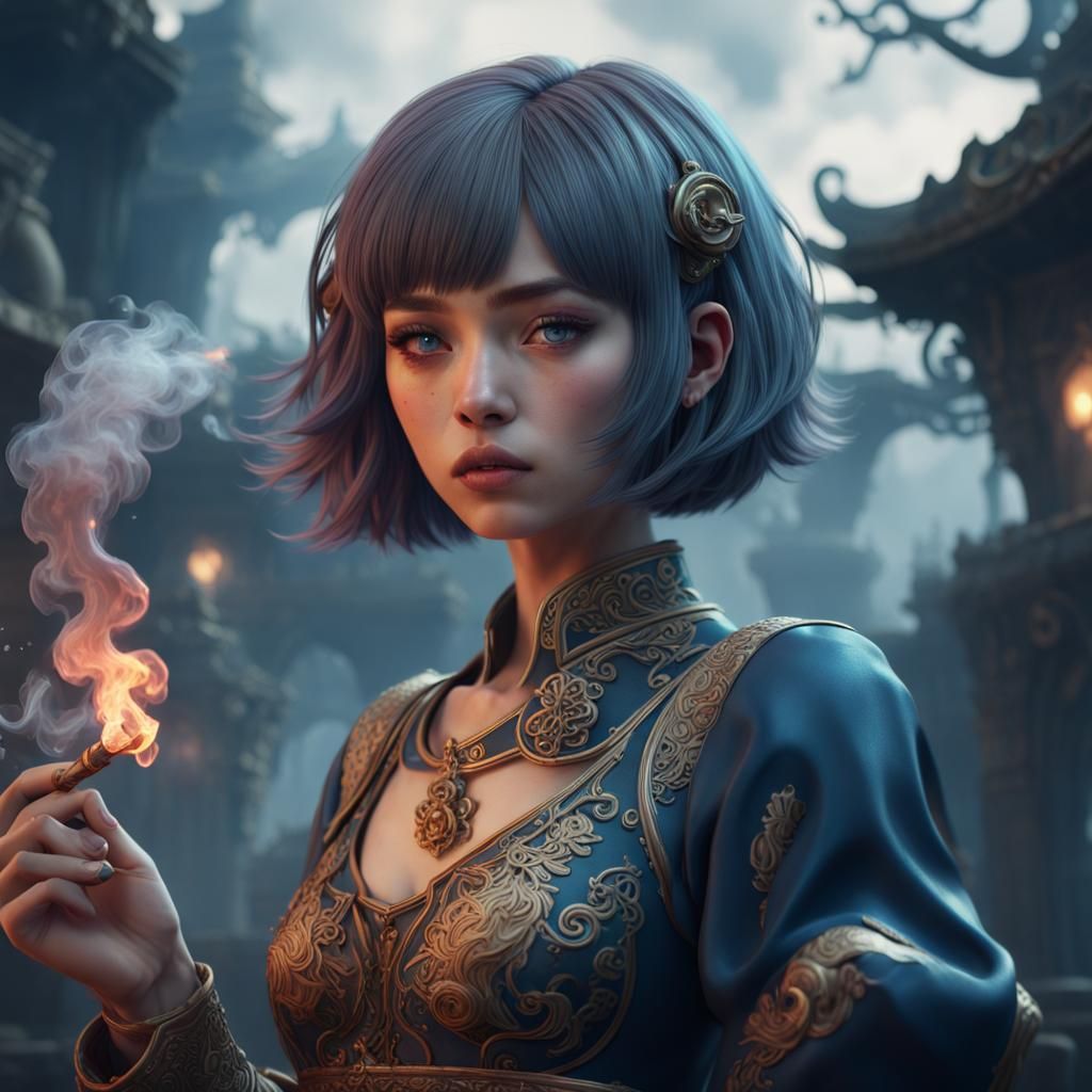 Mysterious Girl Smoking Kiseru in Detailed Matte Painting
