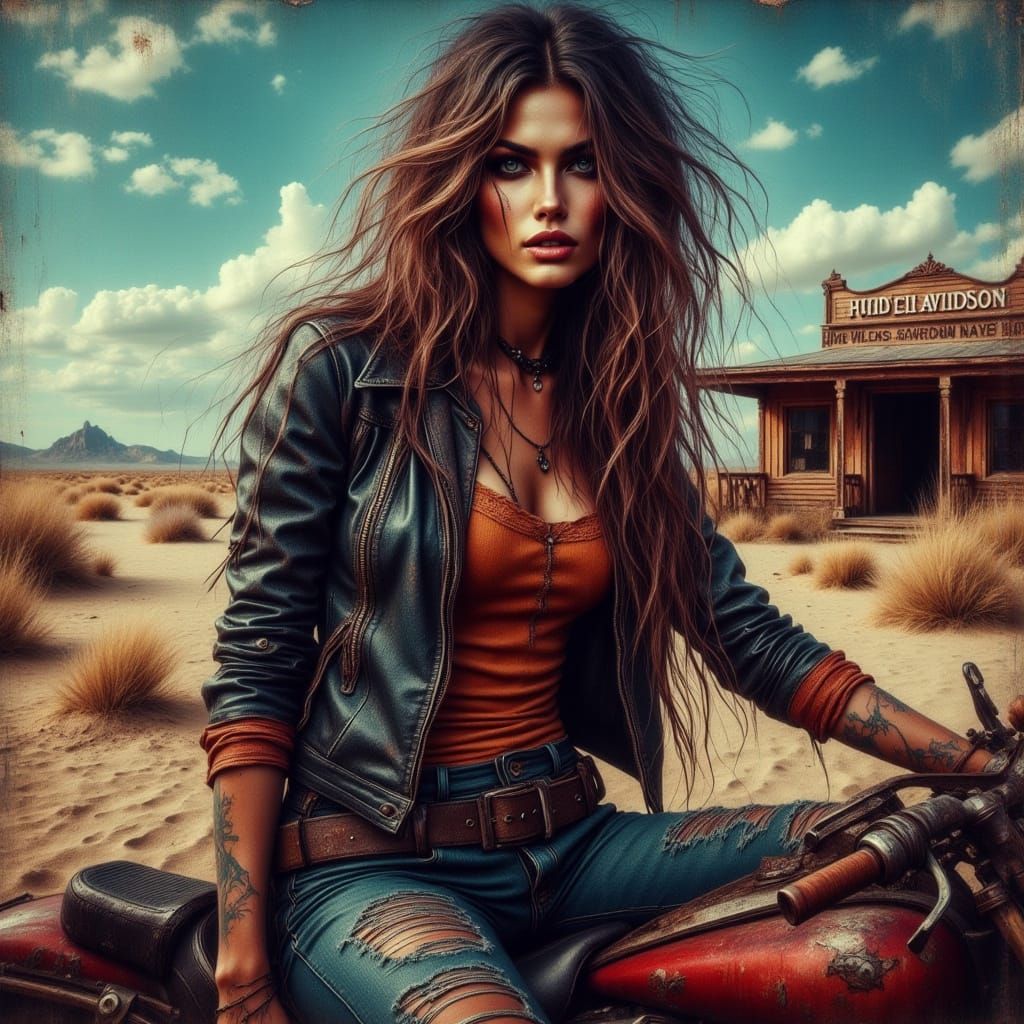 Biker Woman on Harley in Wasteland, Splash Art Style