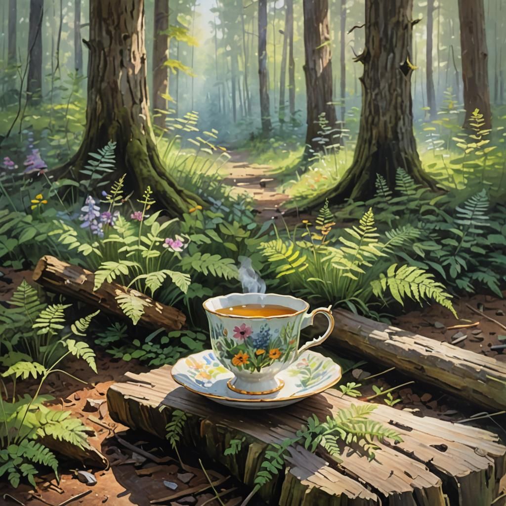 Floral Teacup in Misty Forest, Impressionist Gouache