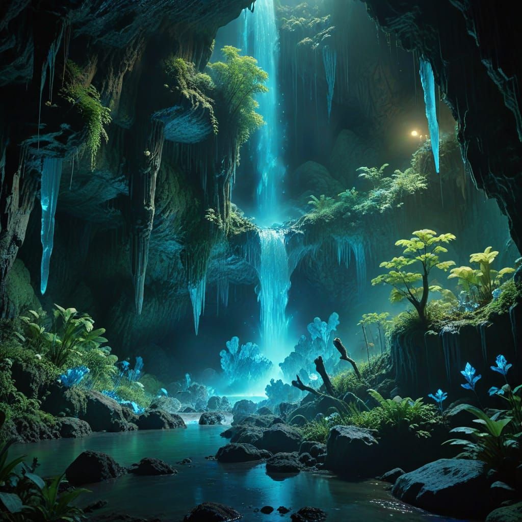 Glowing Waterfall in Bioluminescent Cavern
