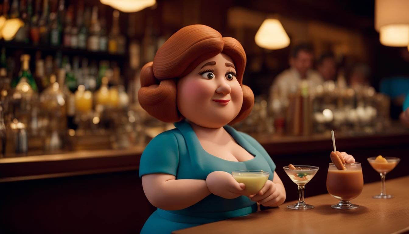Chubby Woman at Cocktail Bar in Claymation Style
