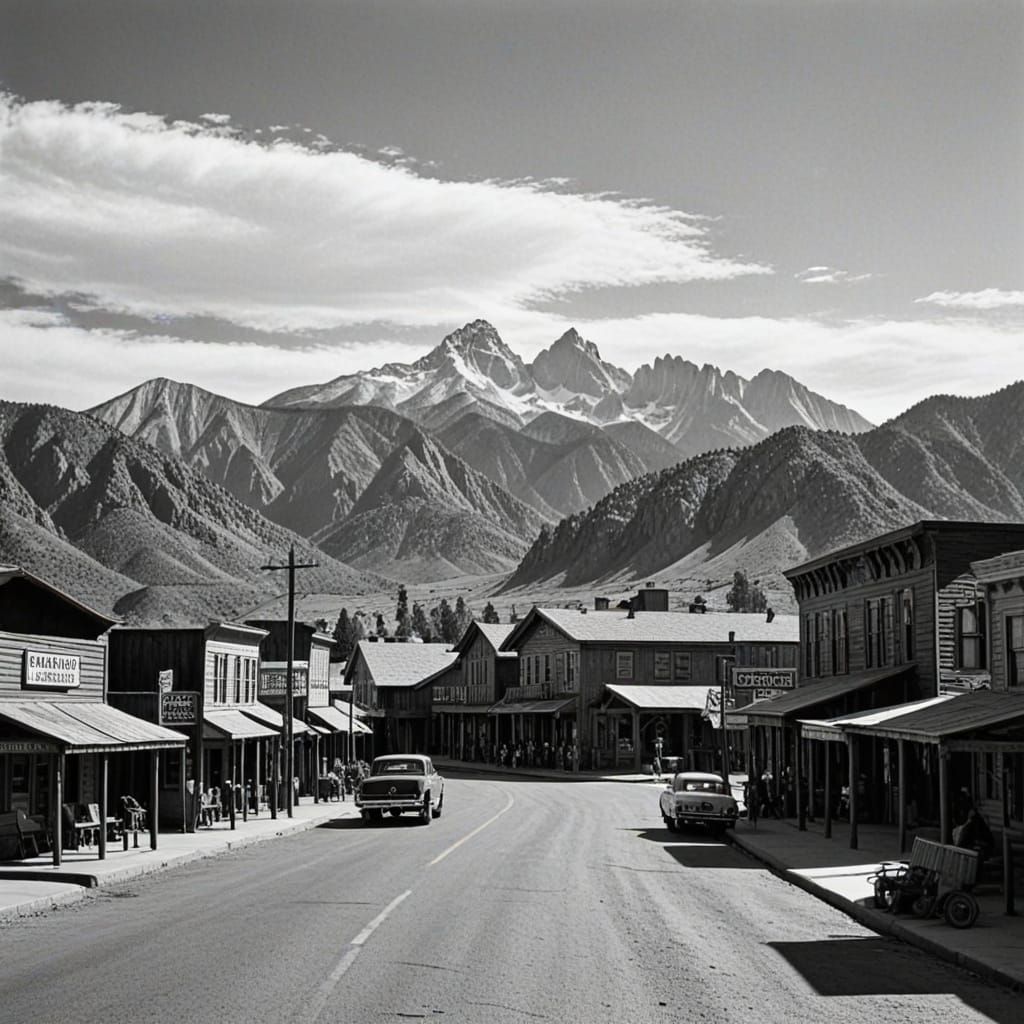 Old Western Town with Mountain Backdrop in Black and White