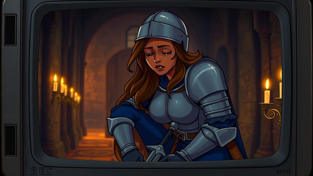 Worn Lady Knight in Castle Hallway, a Nostalgic Anime-Inspir...