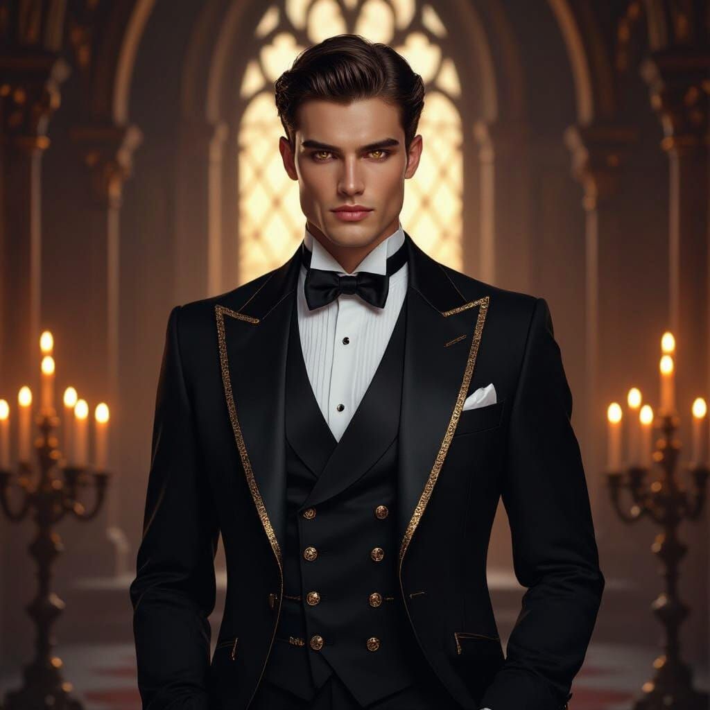 Elegant Man in Candlelit Castle, Dramatic Lighting