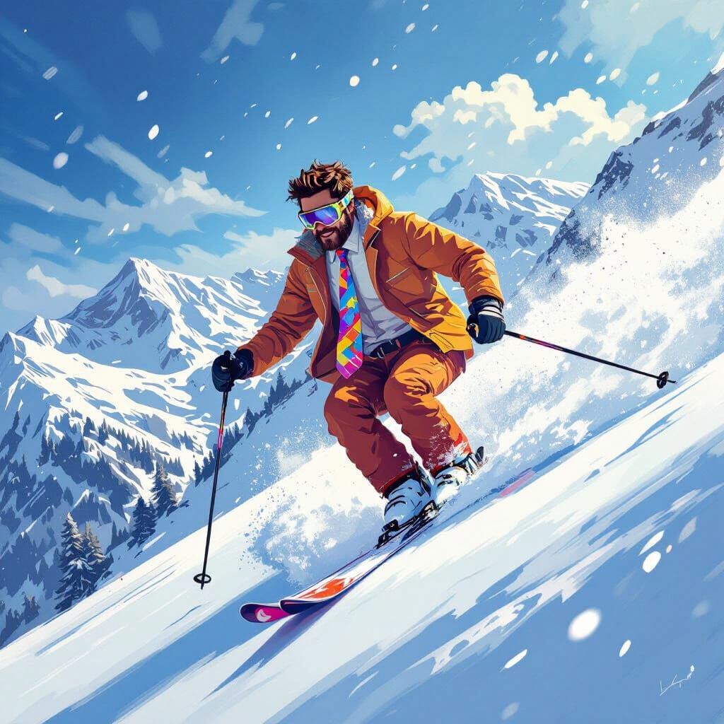 Man Skiing in Colorful Tie, Digital Art