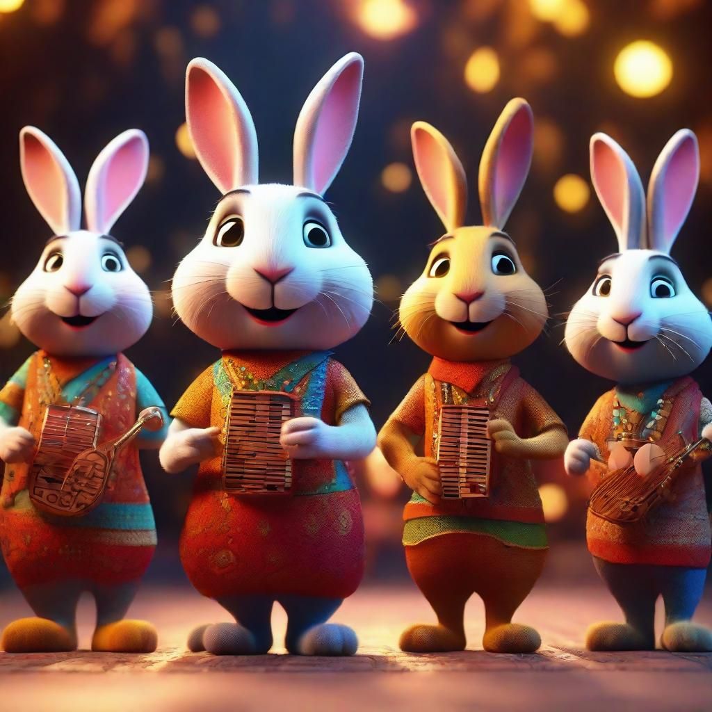Rabbit Musicians Play Indian Instruments in Pixar Style