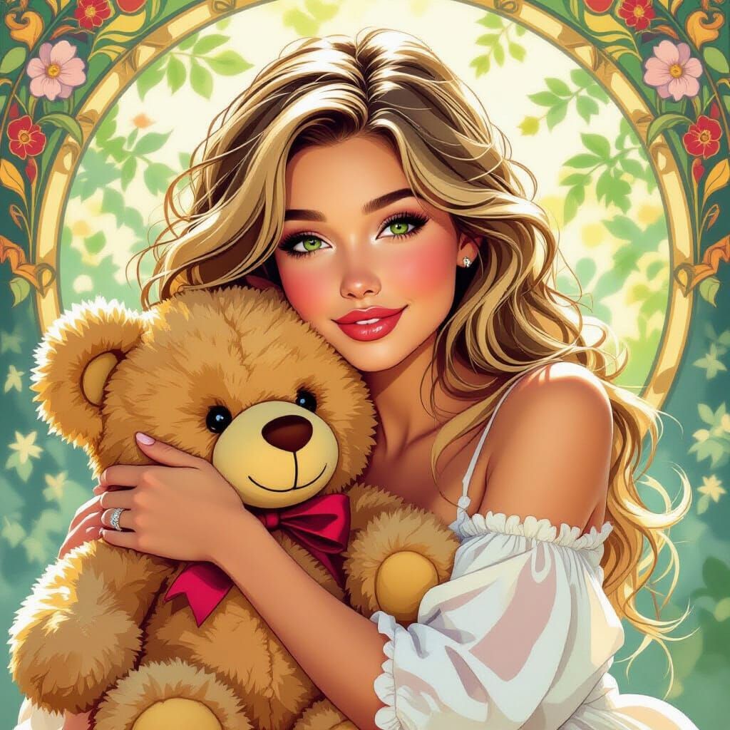 Beautiful Woman with Teddy Bear, Alphonse Mucha Style