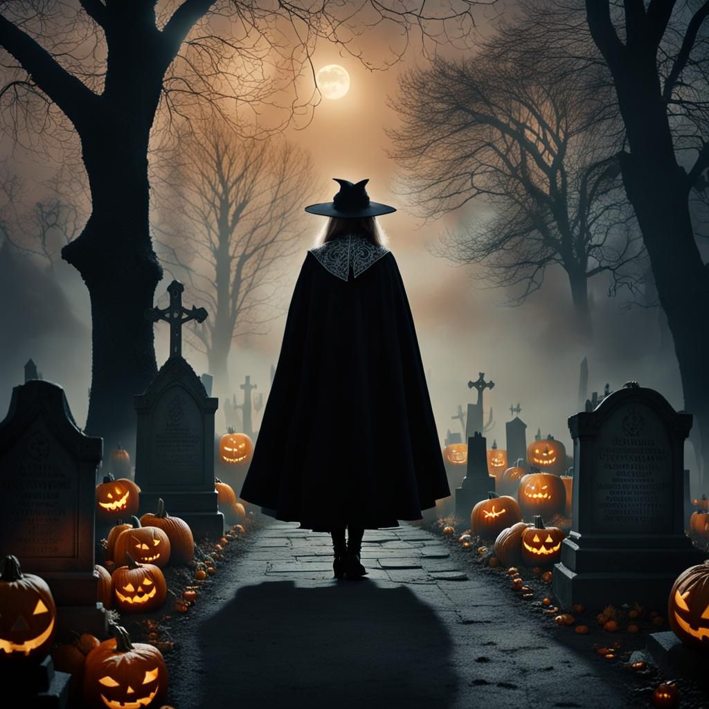 Witch in Graveyard with Jack-o-Lanterns, Film Noir