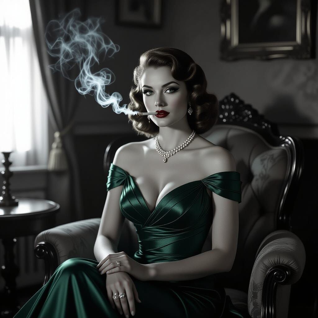 Grayscale Portrait of Woman in Emerald Gown, Noir Style