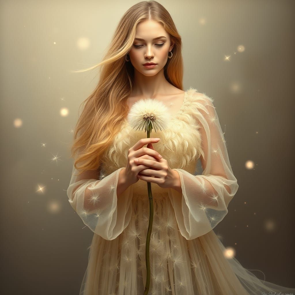 Woman in Dandelion Gown with Sparkling Bokeh Effect in Pre-R...