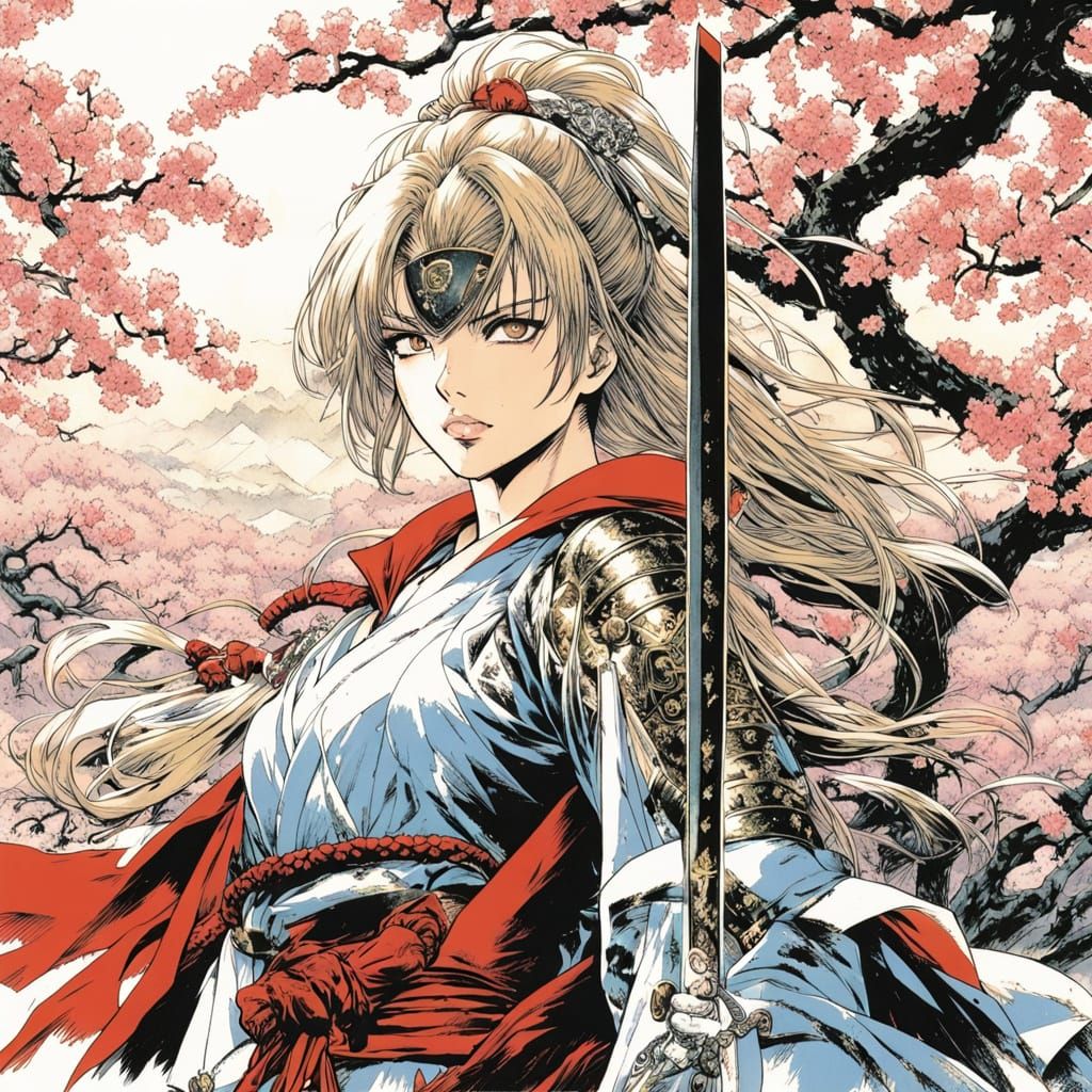 Anime Warrior Maiden in Cherry Blossom Splendor