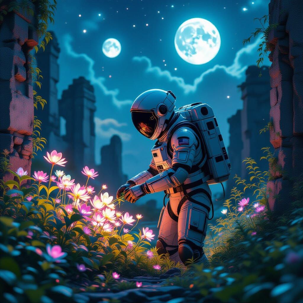 Astronaut Tends Alien Garden Under Twin Moons