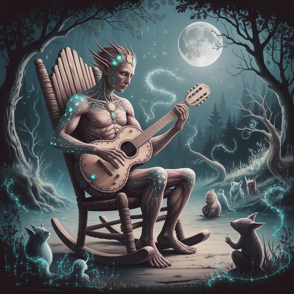 Petrified Wood Rocking Chair Serenade in Moonlit Grove