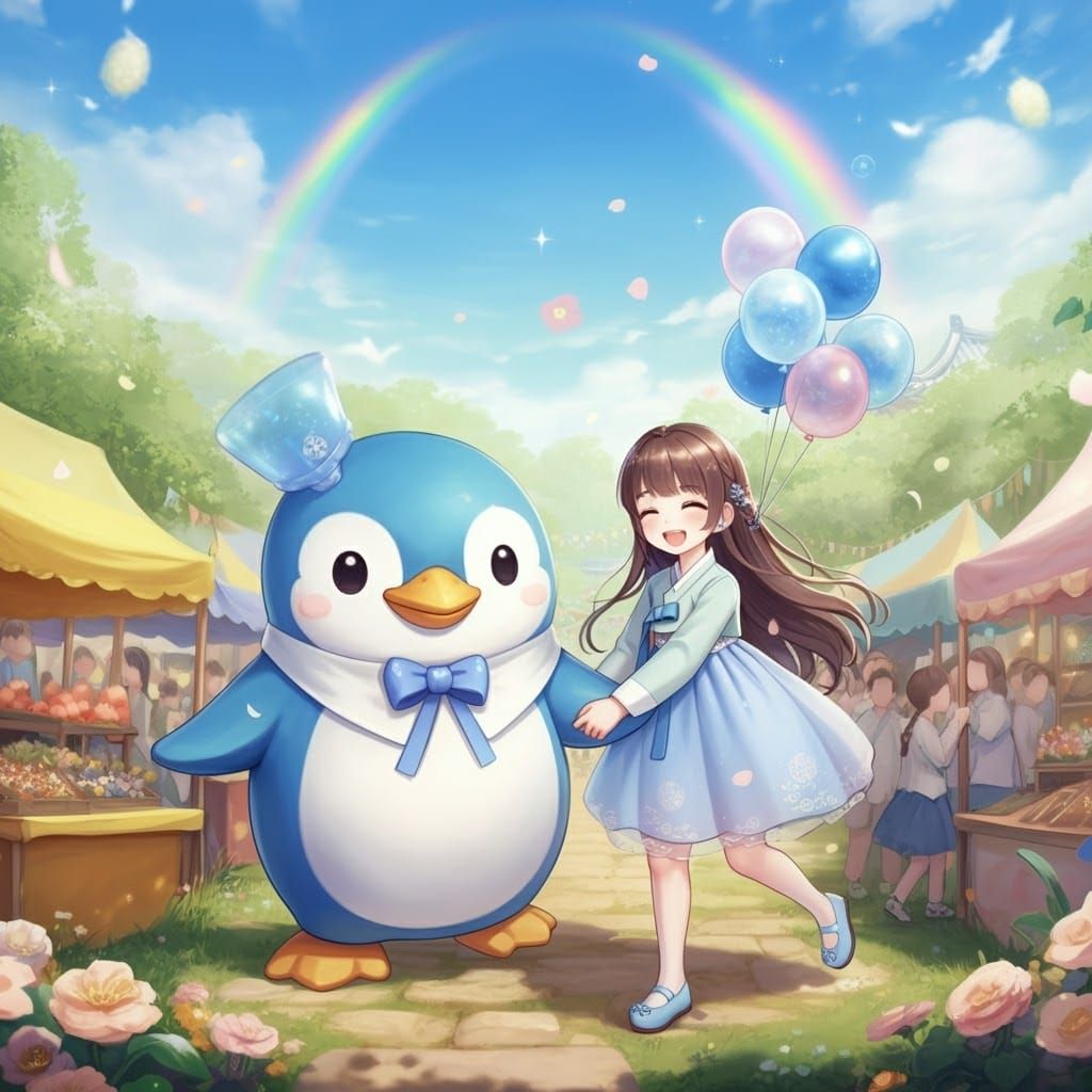 Korean Festival Scene with Girl and Penguin Mascot