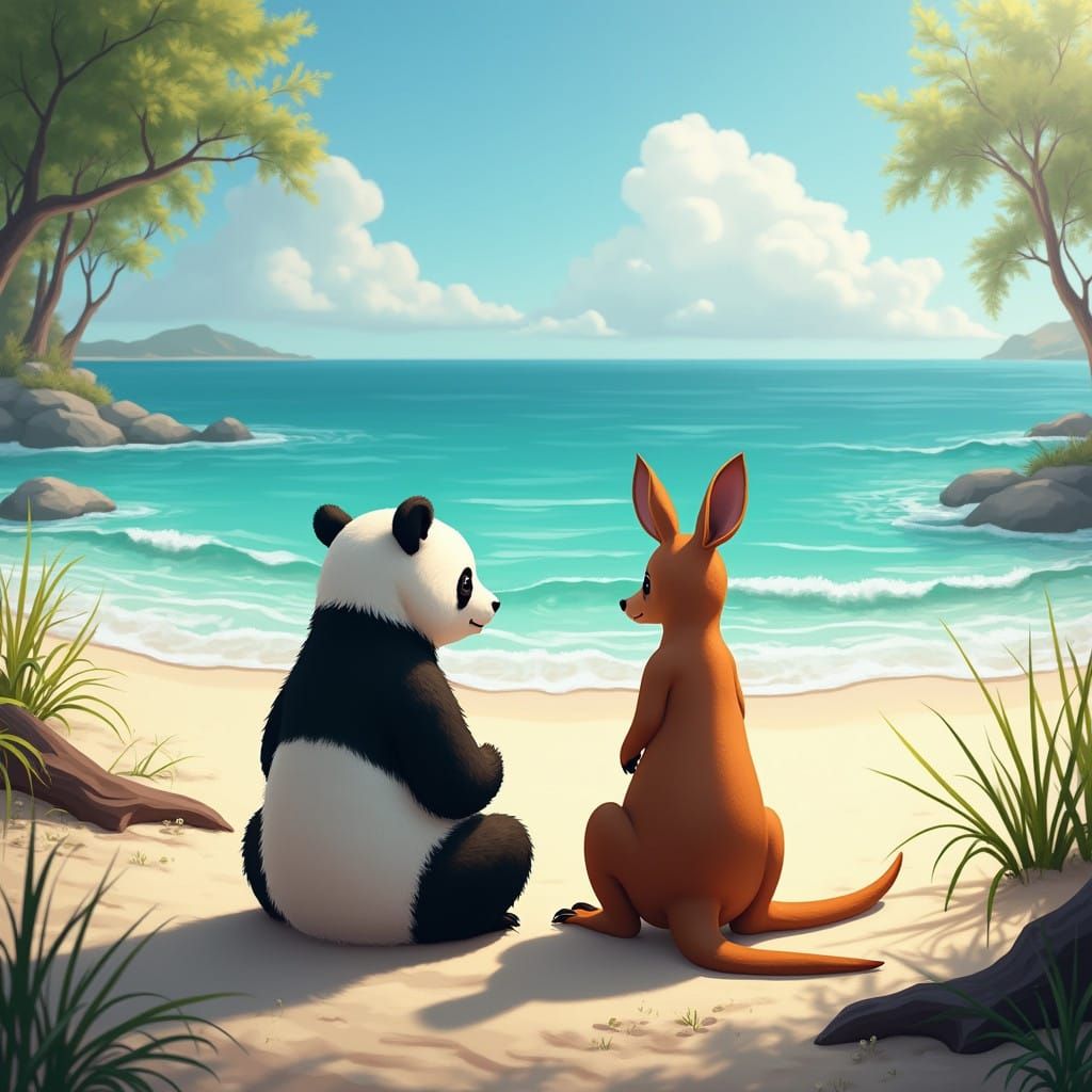 Serene Panda and Kangaroo Sit Together on Tranquil Beach, Ga...