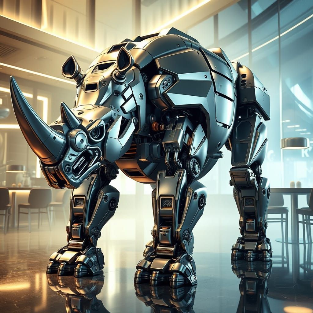 Majestic Rhino-King Kong Hybrid Mecha in Modern Cafe