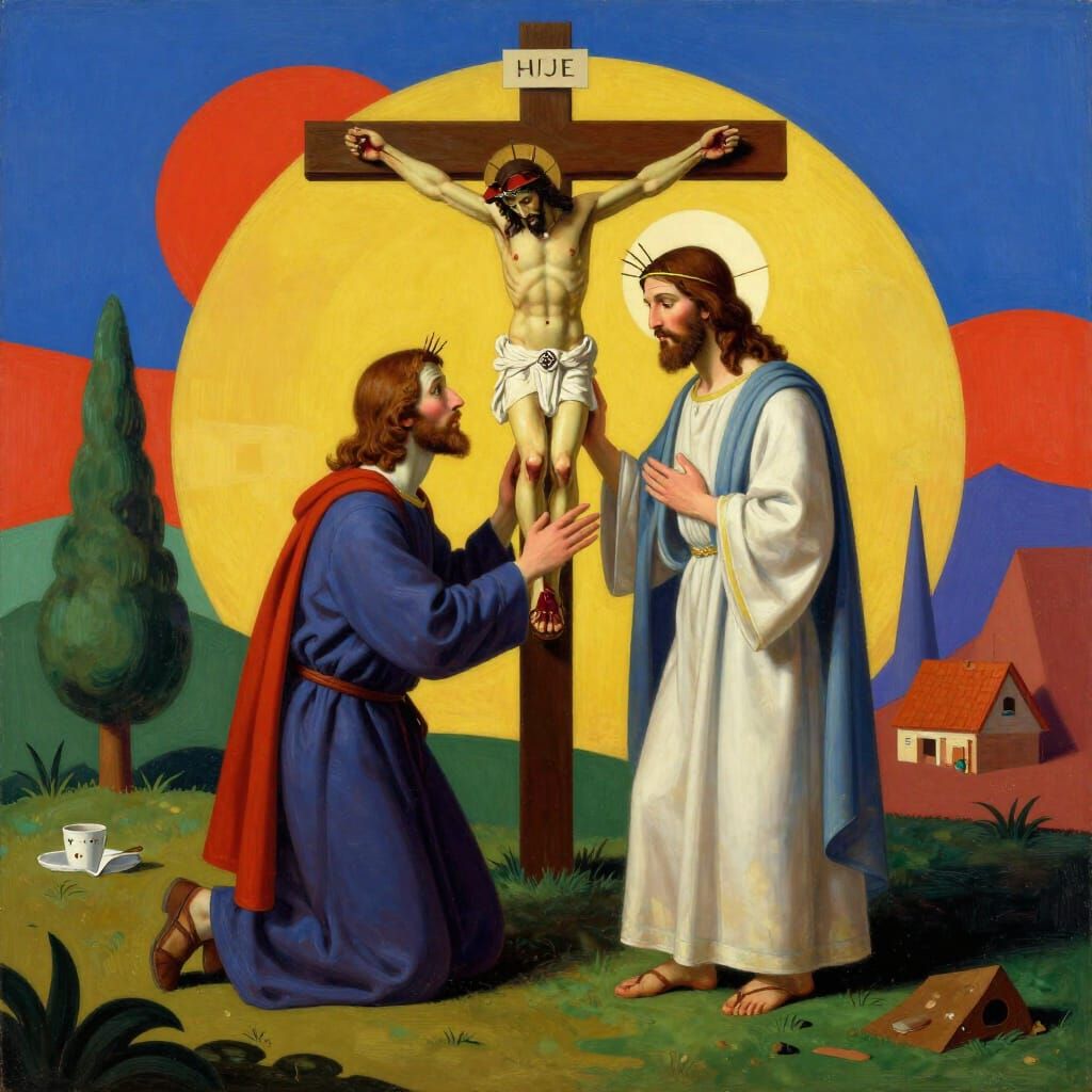 Postmodern Jesus in Vibrant, Dreamlike Landscape