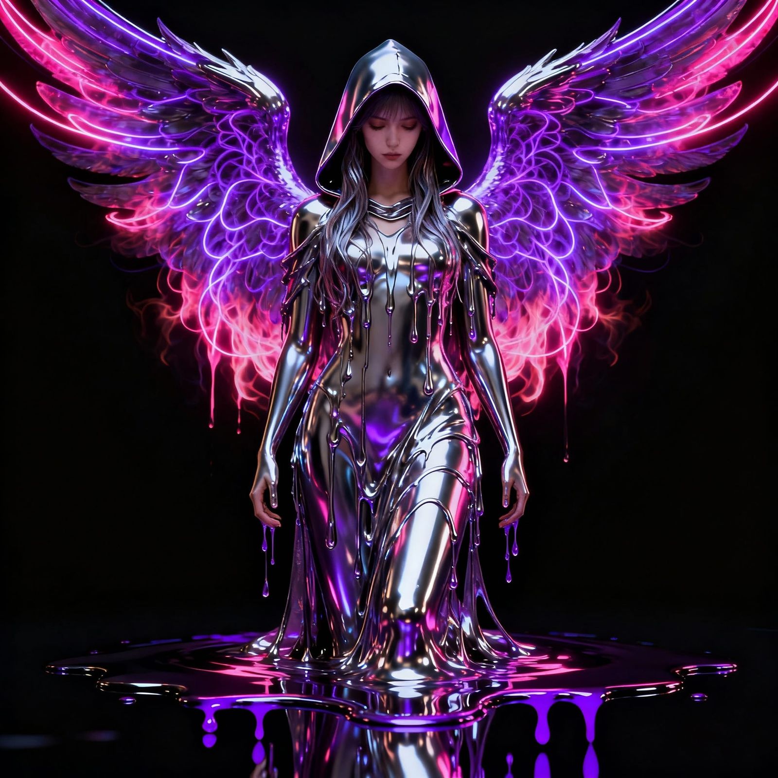 Futuristic Chrome Angel with Glowing Wings