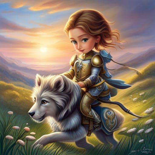 Adorable Girl Knight Riding a Lion in Armor