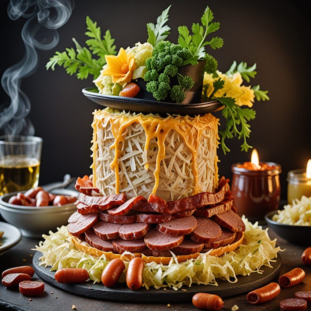 Sauerkraut Top Hat Adorned With Sausage and Bacon