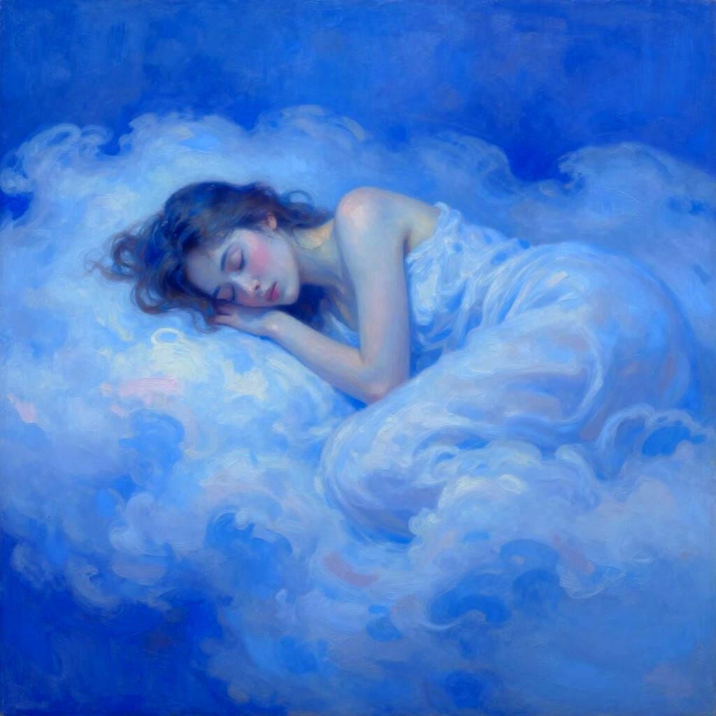 Surreal Blue Oil Painting Of Woman Sleeping on Clouds
