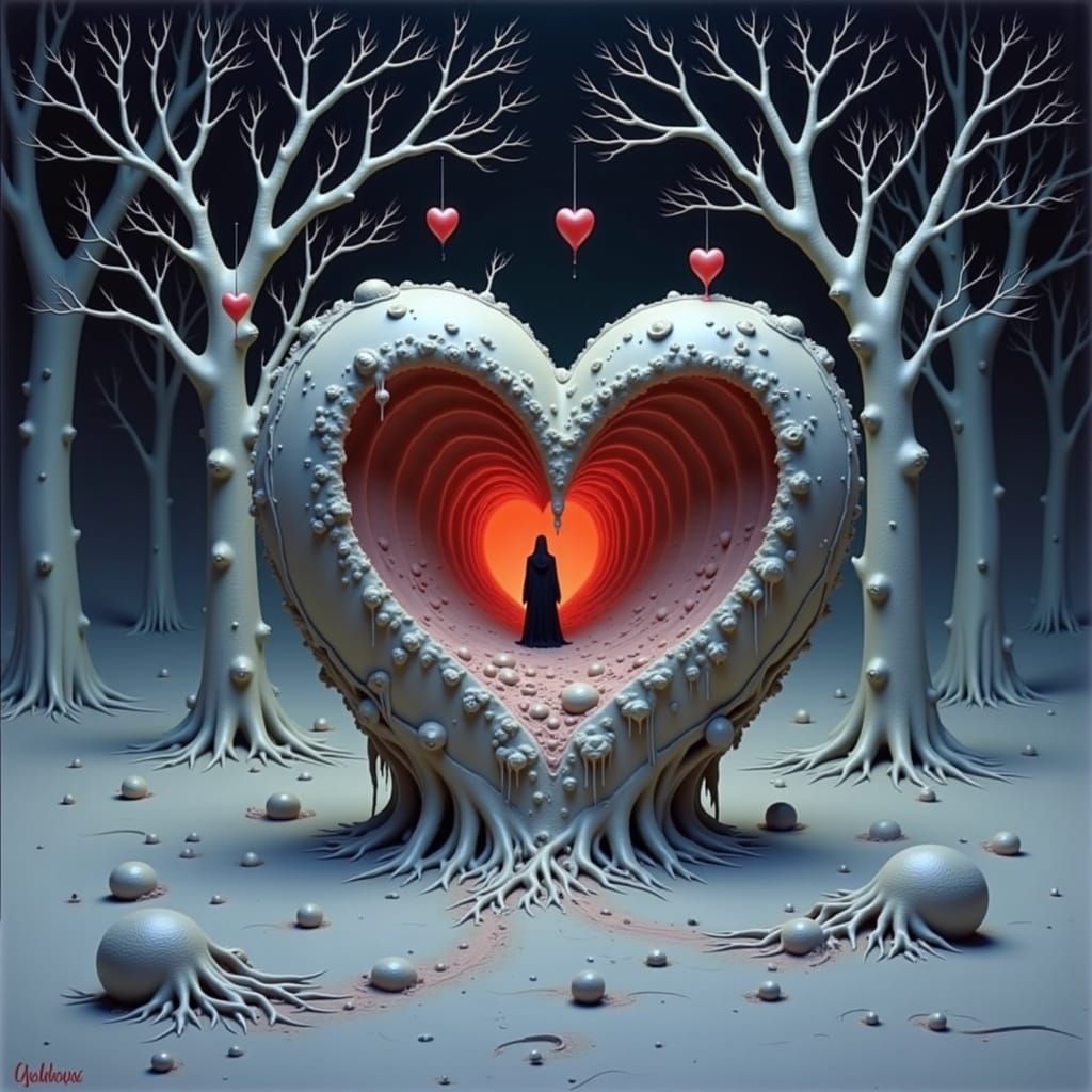 Melancholy Figure in Desolate Landscape with Tomb Heart