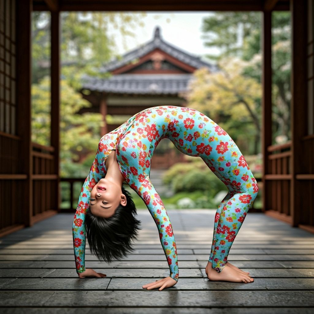 Asian Woman in Serene Garden Backbend Pose