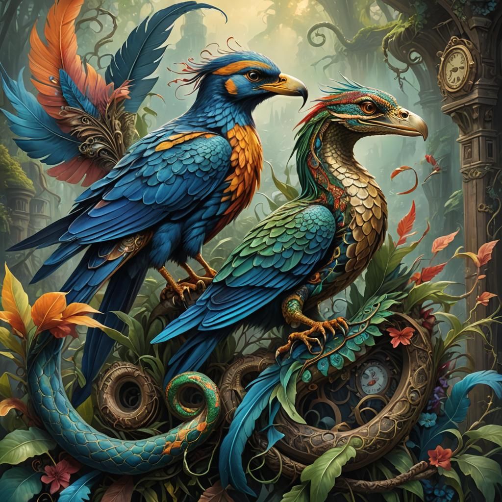 Mystic Bird-Snake Hybrid: Fantasy Concept Art in Gouache