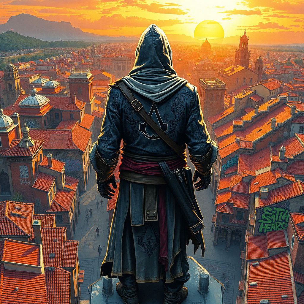 Assassin's Creed Hero Overlooks Spanish City at Sunset