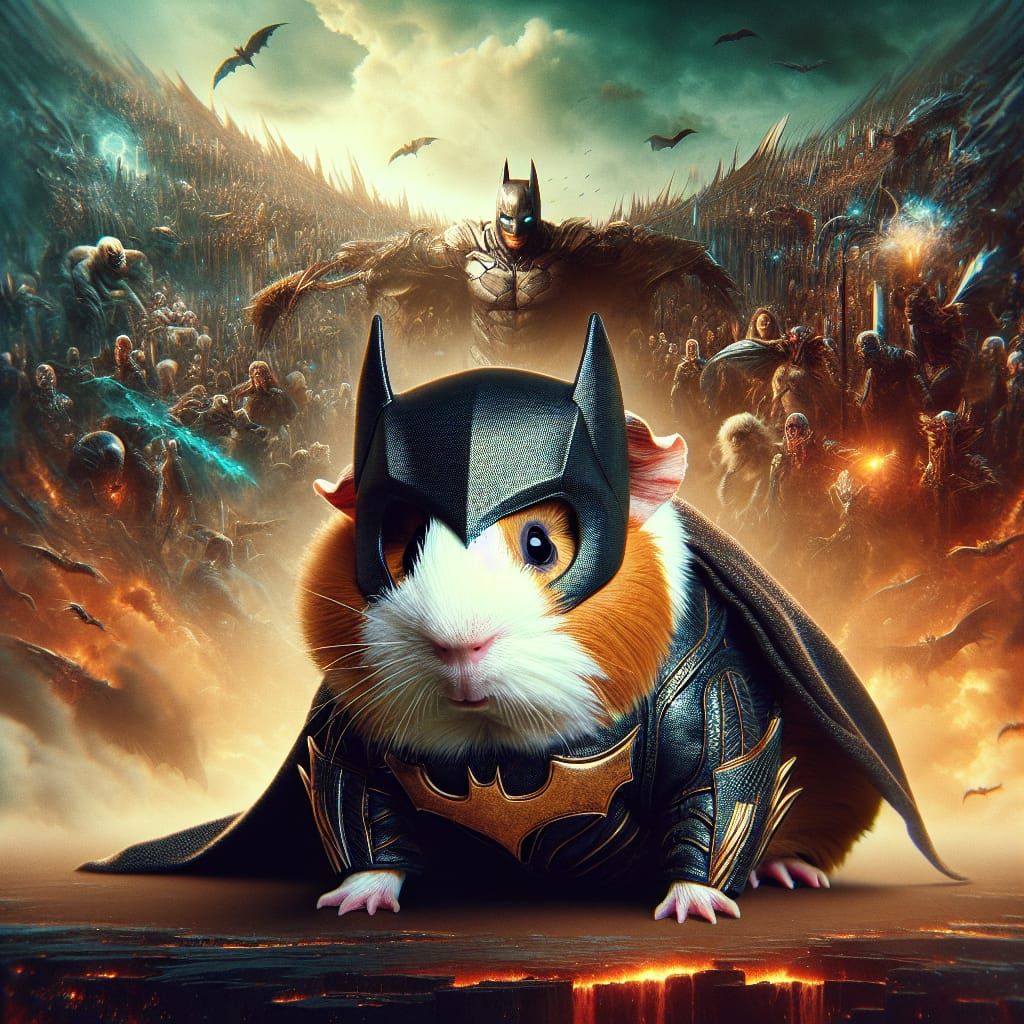 Epic Cinematic Guinea Pig Superhero in Bat Suit