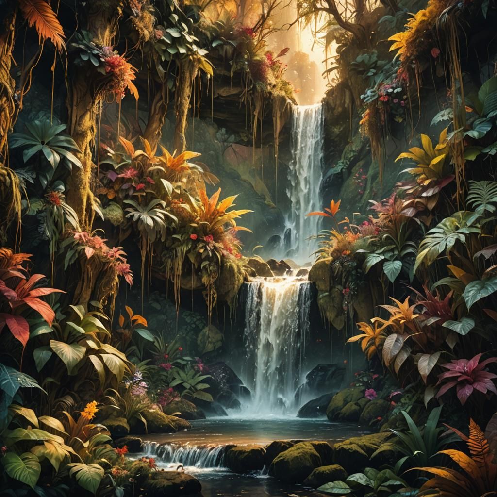 Mystical Waterfall Scene in Golden Autumn Light
