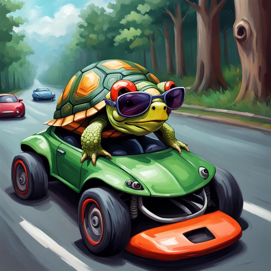 Cartoon Turtle Drives Car as Oil Painting