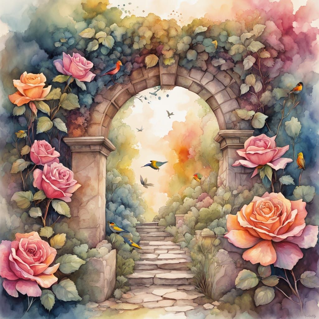 Overgrown Rose Garden Through Stone Arch in Gouache Style