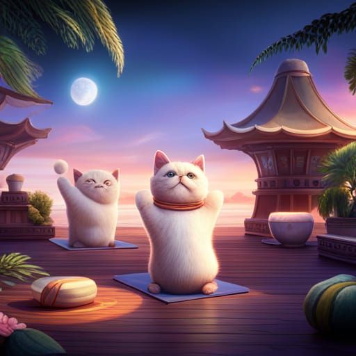 Chubby Cats Doing Yoga with Puppy Instructor