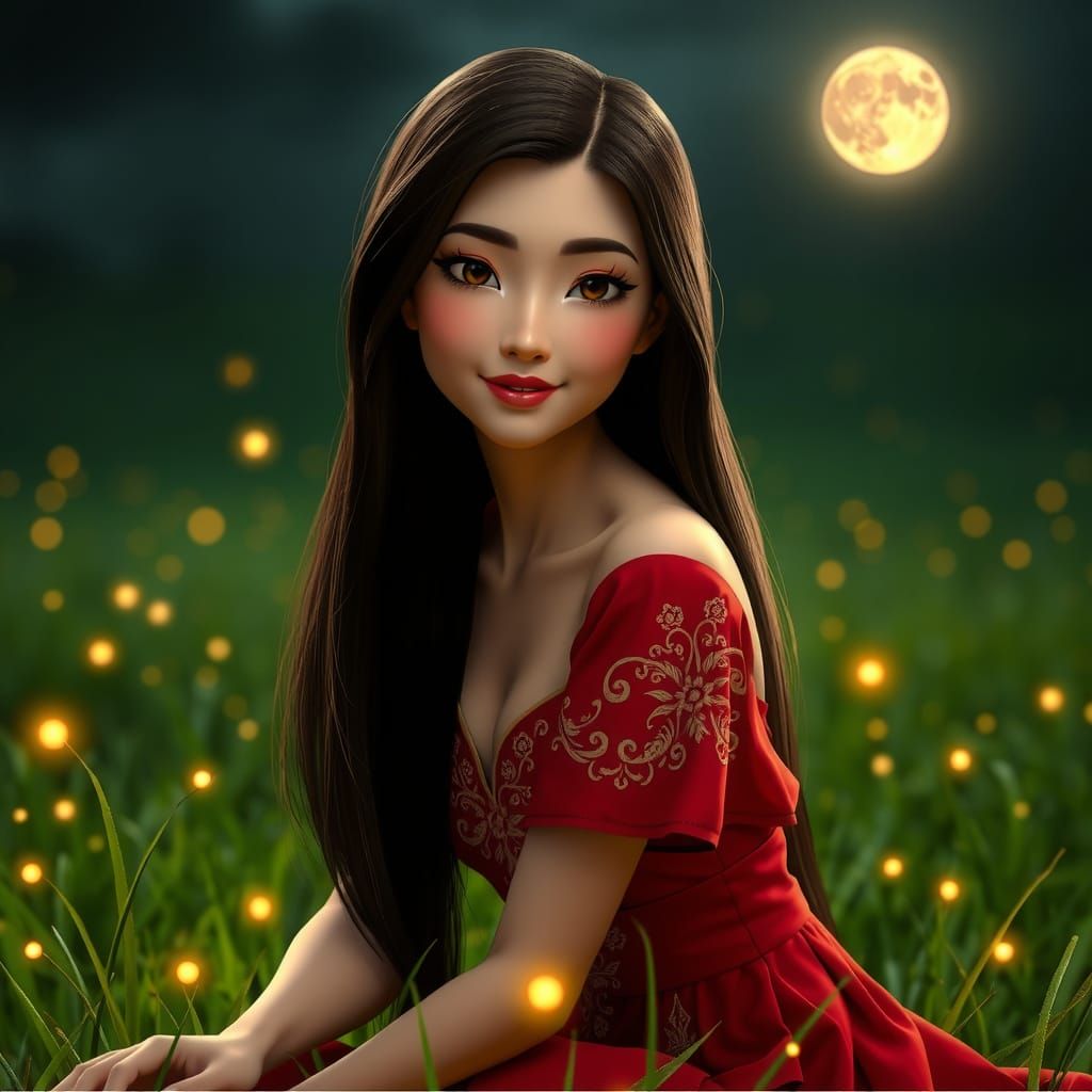 Mulan in Ruby Gown, Art Nouveau Portrait