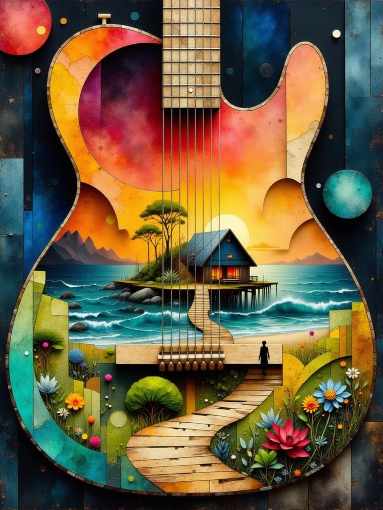 Surreal Guitar Landscape with Troubadour and Sunrise