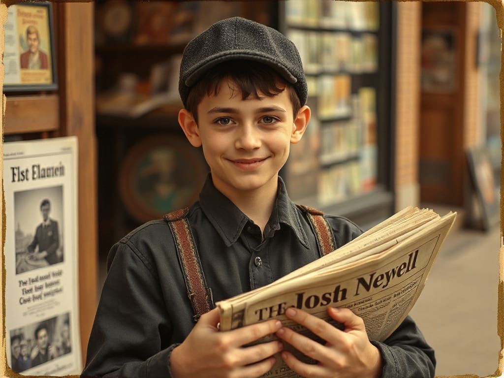 Vintage Portrait of Smiling Newsboy With Newspapers