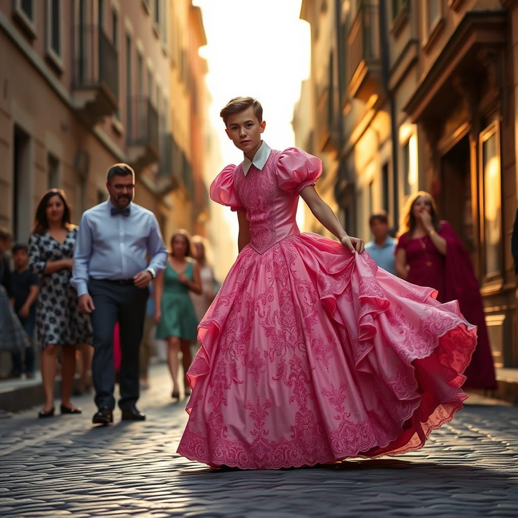 Young Man in Elegant Pink Ball Gown