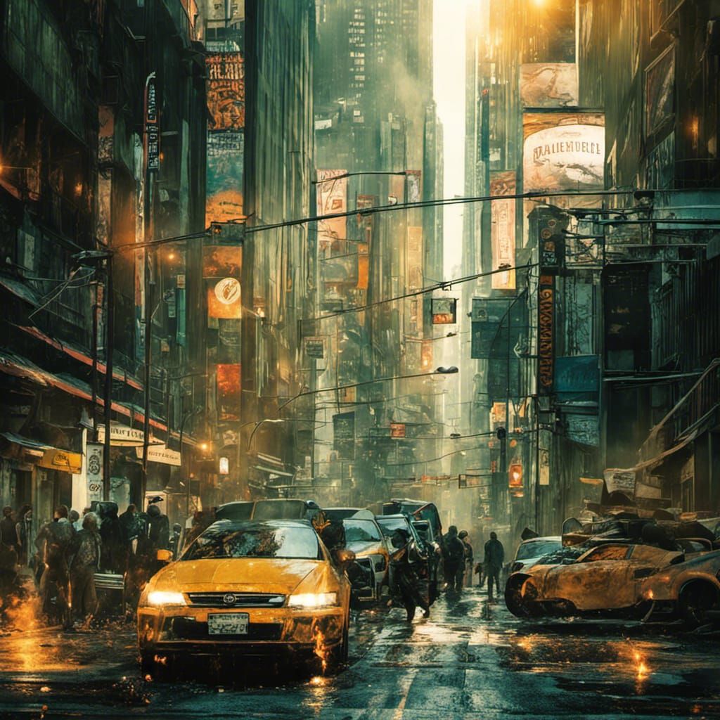 Futuristic Urban Chaos Through a Scratched Lens