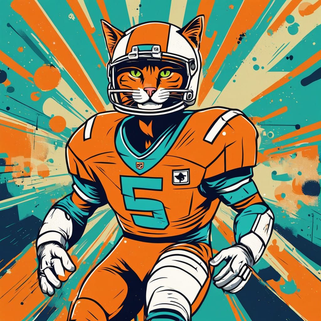 Feline Football Star in Vibrant Cartoon Style