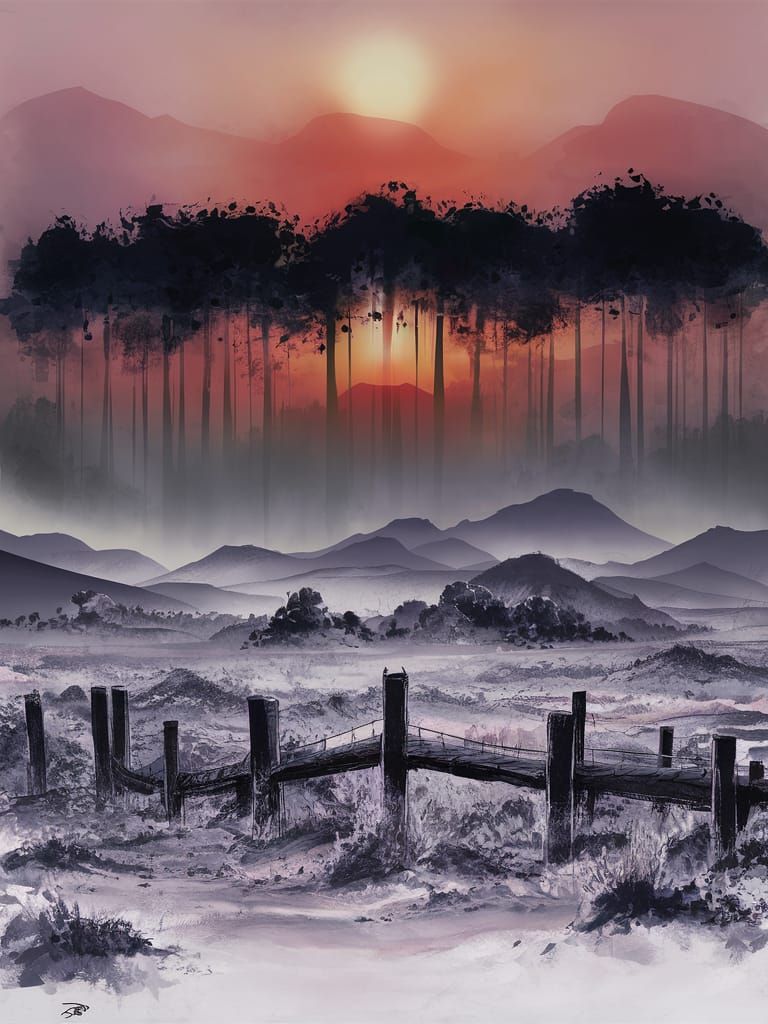 Sunset Mountain Landscape in Silk Painting Style