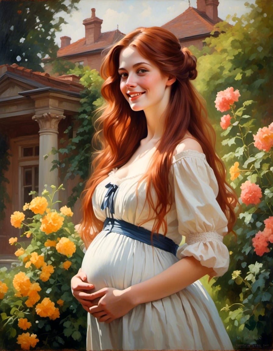 Victorian Pregnant Woman Portrait with Auburn Hair