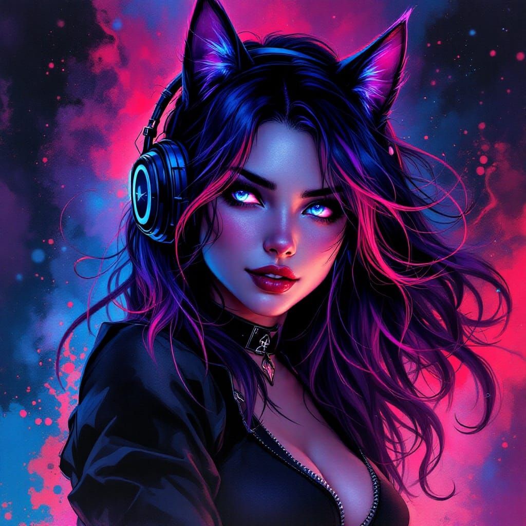 Cat-Demon Hybrid with Glowing Eyes in Flowing Ink Style