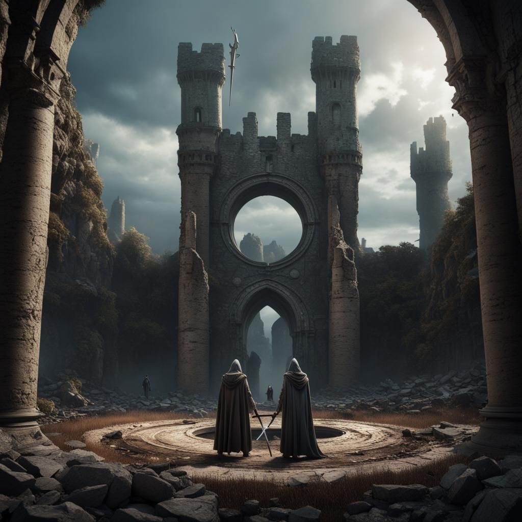 Silver Woman with Sword in Ruined Castle