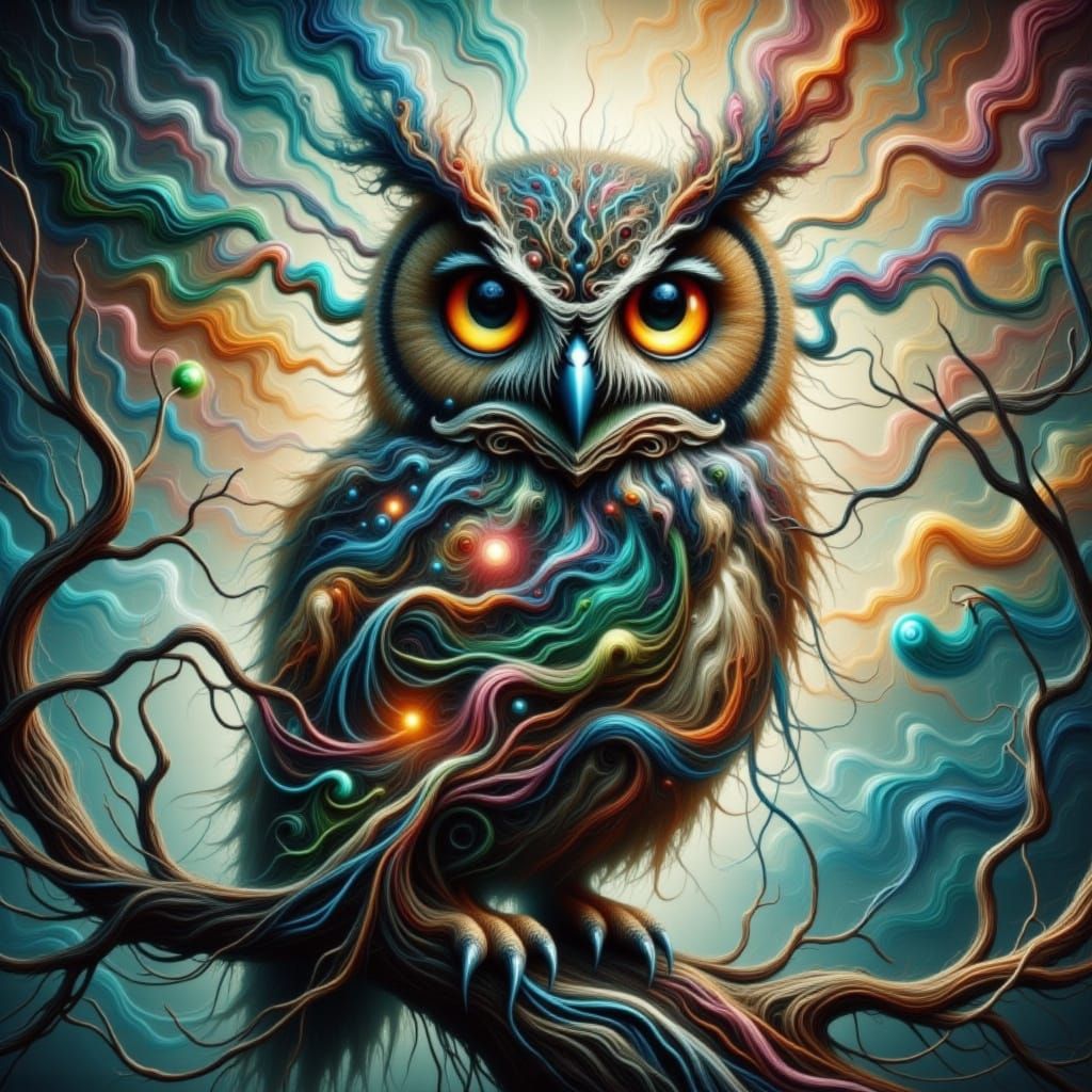 Surreal Owl Tree Double Exposure in Radiant Colors