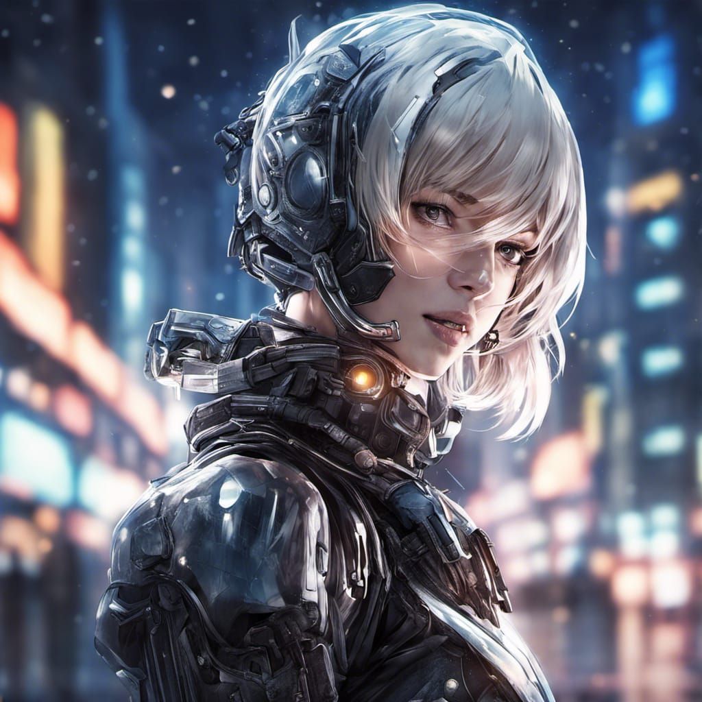 Futuristic Armored Cyborg Girl in Neon City