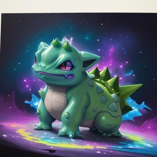 Cosmic Shiny Bulbasaur in Vibrant Graffiti Art.