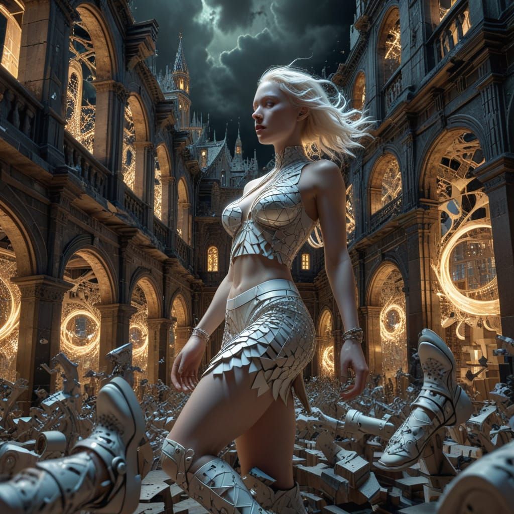 Albino Woman Rushing City in Escher-Style Architecture